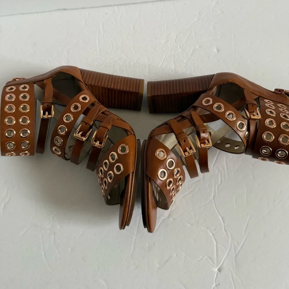 Michael Kors Brown Chunky Studded Edgy Heeled Gladiator Leather Sandals Size 5.5